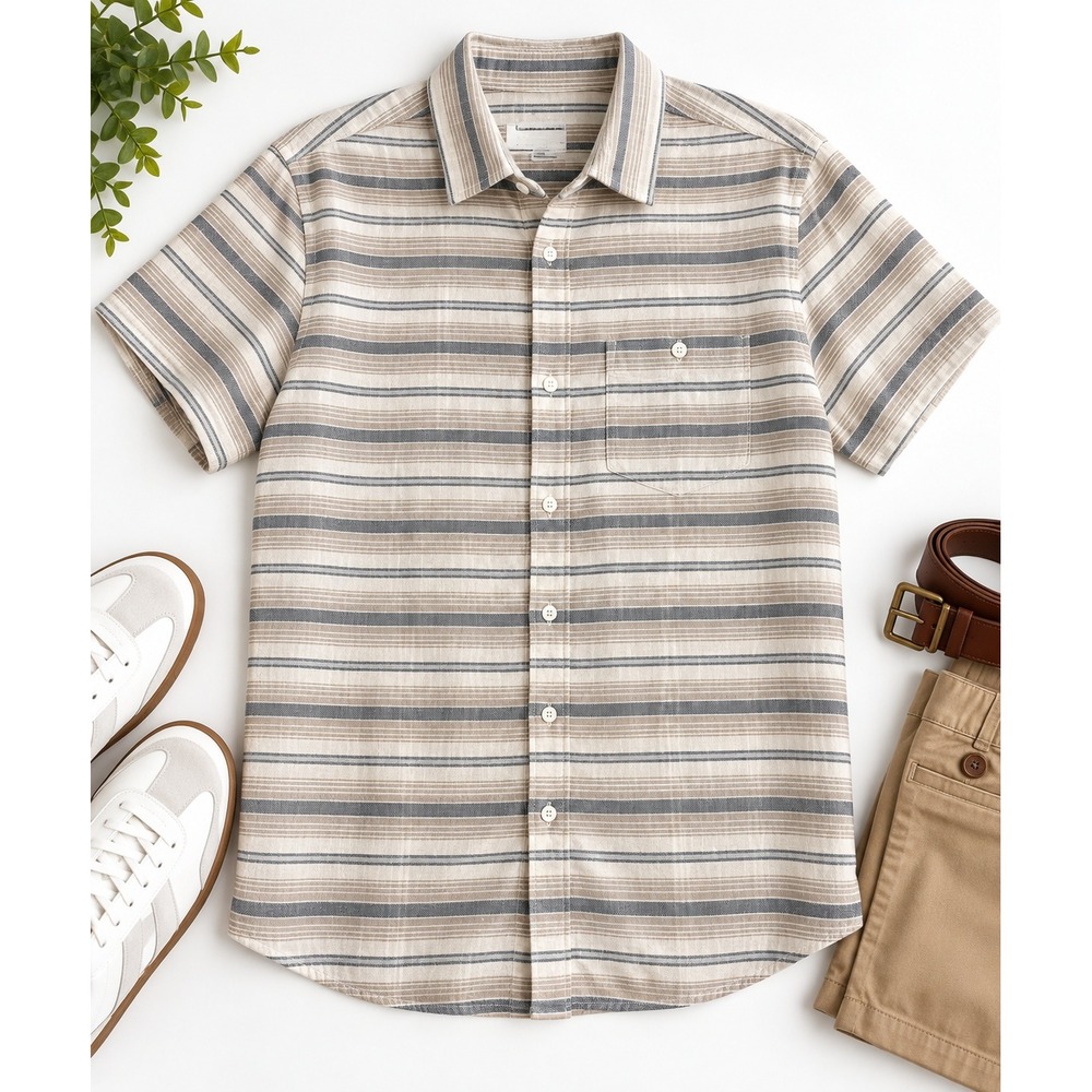 American Eagle Mens Medium Short Sleeve Button Down Striped Shirt Beige Blue